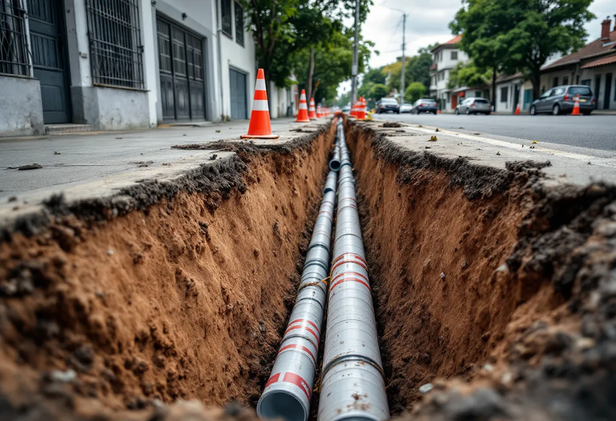 Vala aberta na calçada com tubos de esgoto assentados durante obra de ampliação de rede